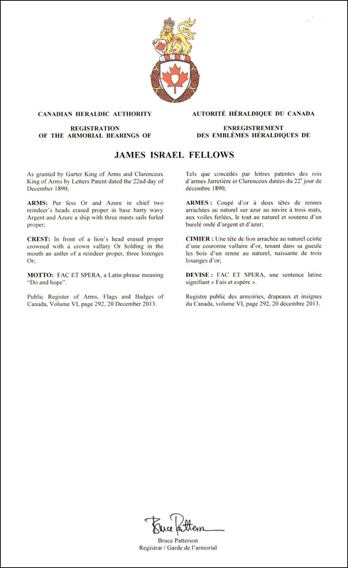 Letters patent registering the heraldic emblems of James Israel Fellows