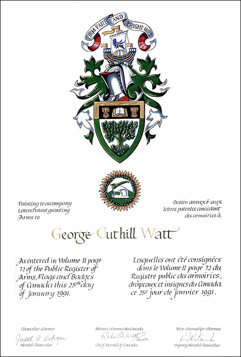 Letters patent registering the heraldic emblems of George Cuthill Watt