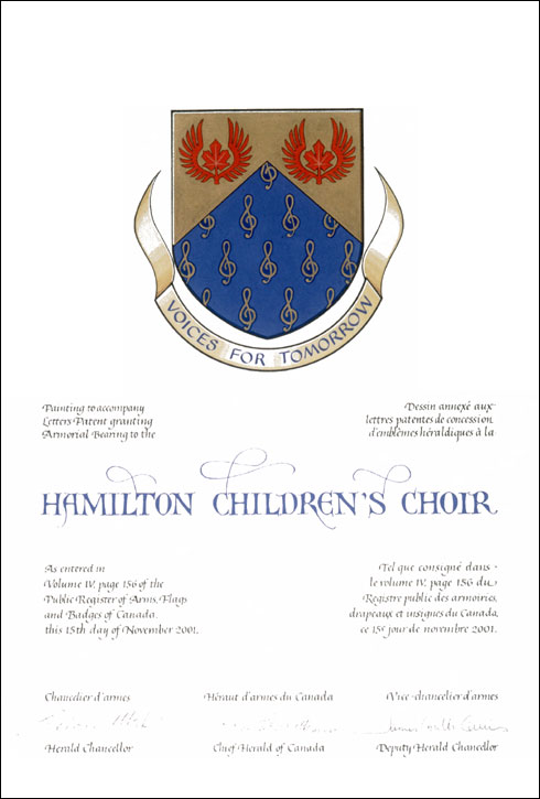 Letters patent granting heraldic emblems to the Hamilton Children's Choir