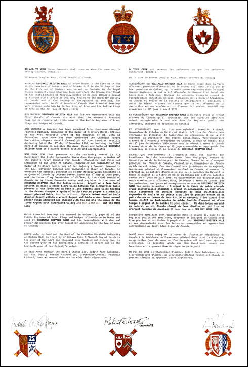 Letters patent registering the heraldic emblems of Reginald Britten Hale