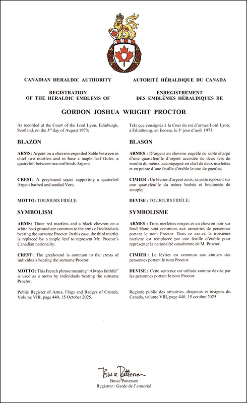Letters patent registering the heraldic emblems of Gordon Joshua Wright Proctor