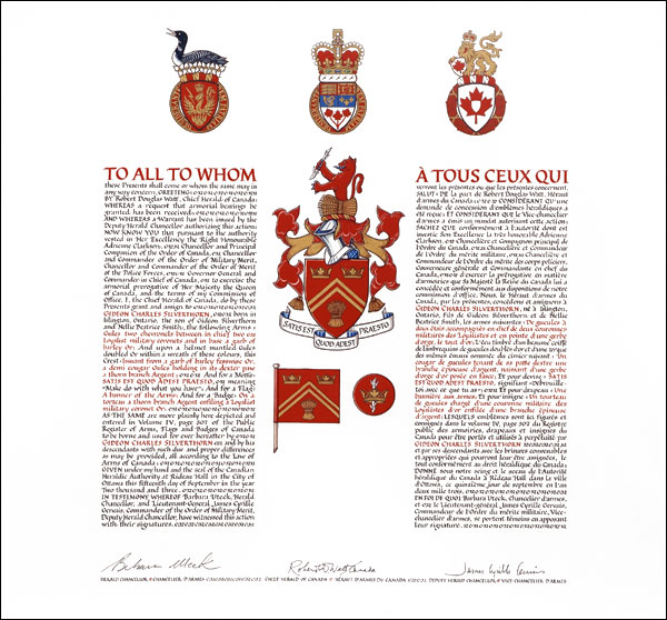 Letters patent granting heraldic emblems to Gideon Charles Silverthorn
