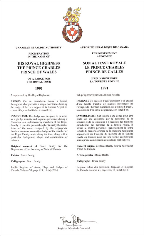Letters patent registering the heraldic emblems of Prince Charles, Prince of Wales