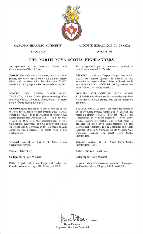 Letters patent approving the Badge of The North Nova Scotia Highlanders