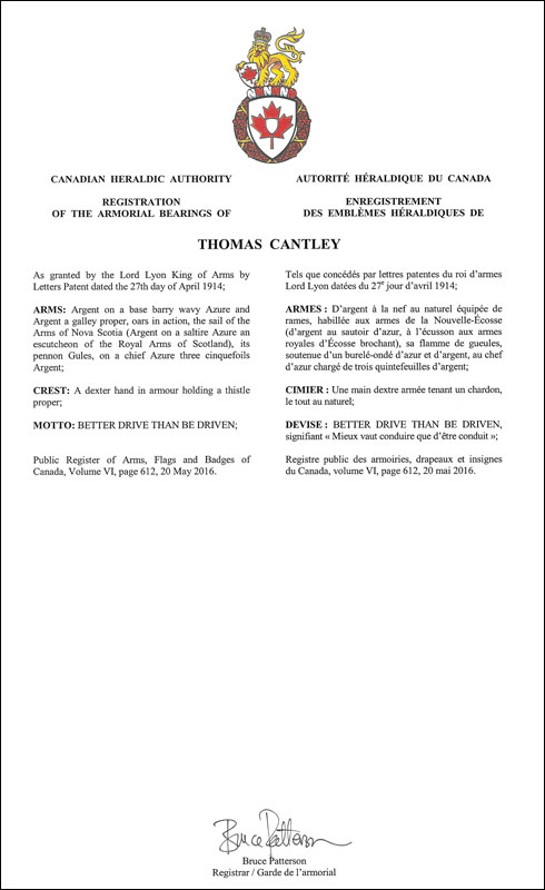 Letters patent registering the heraldic emblems of Thomas Cantley