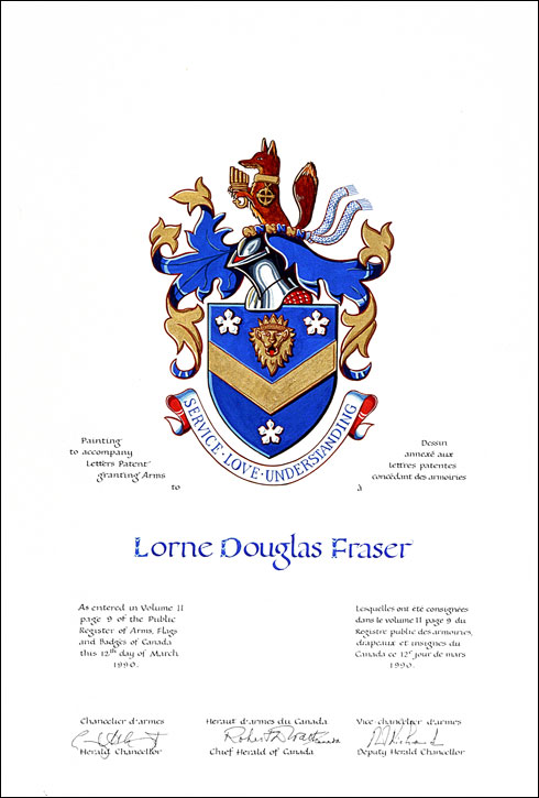 Letters patent granting heraldic emblems to Lorne Douglas Fraser