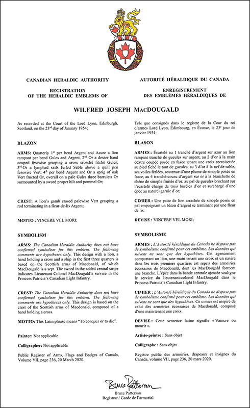 Lettres patentes enregistrant les emblèmes héraldiques de Wilfred Joseph MacDougald