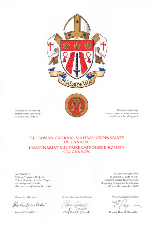 Letters patent granting heraldic emblems to The Roman Catholic Military Ordinariate of Canada