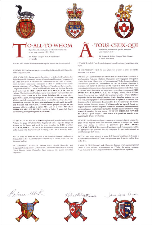 Letters patent granting heraldic emblems to Eric James Vincent