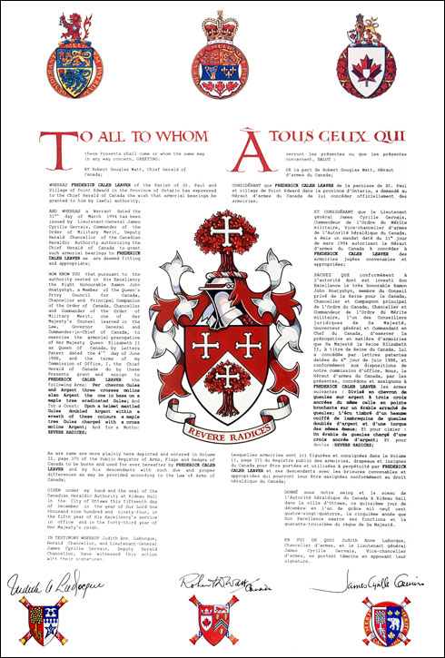 Letters patent granting heraldic emblems to Frederick Caleb Leaver