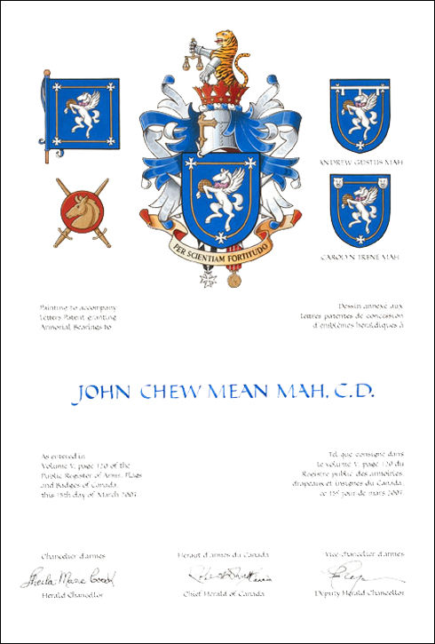 Lettres patentes concédant des emblèmes héraldiques à John Chew Mean Mah