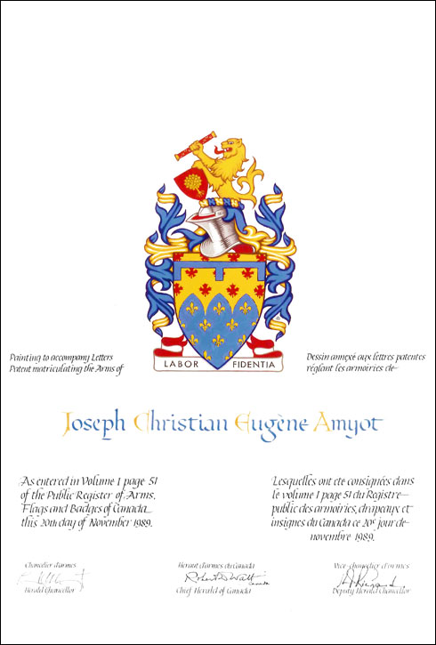 Letters patent granting Armoirial Bearings to Joseph Christian Eugène Amyot