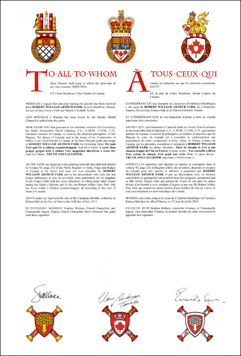 Letters patent granting heraldic emblems to Robert William Arthur Park