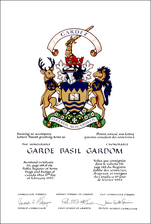 Letters patent granting heraldic emblems to Garde Basil Gardom