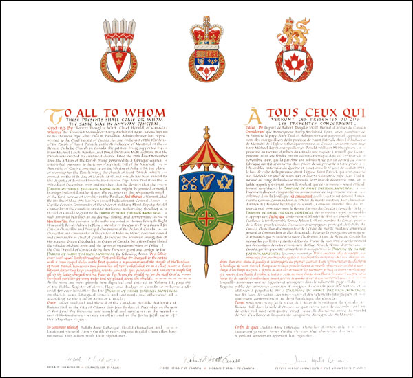 Letters patent granting heraldic emblems to the Parish of Saint Patrick