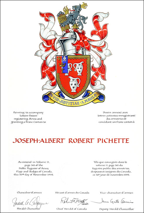 Letters patent granting heraldic emblems to Joseph-Albert Robert Pichette