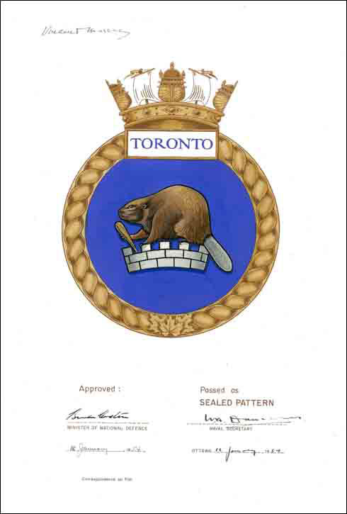 Letters patent confirming the blazon of the Badge of HMCS Toronto
