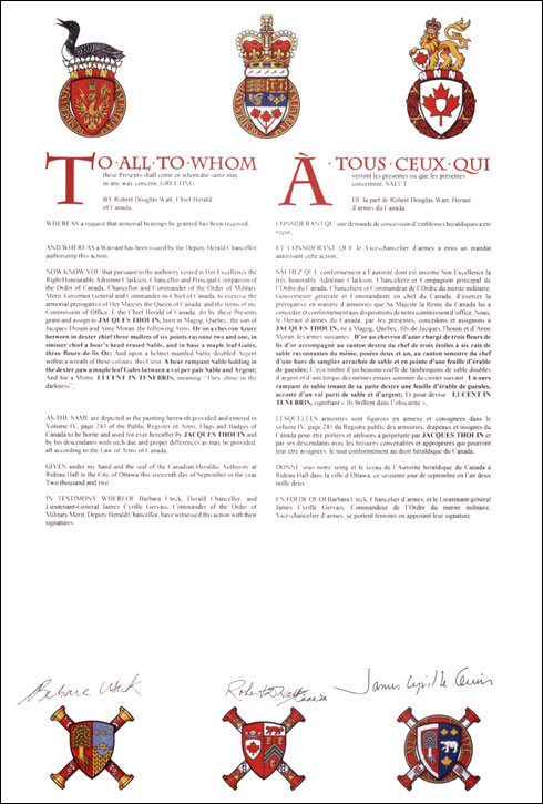 Letters patent granting heraldic emblems to Jacques Thouin