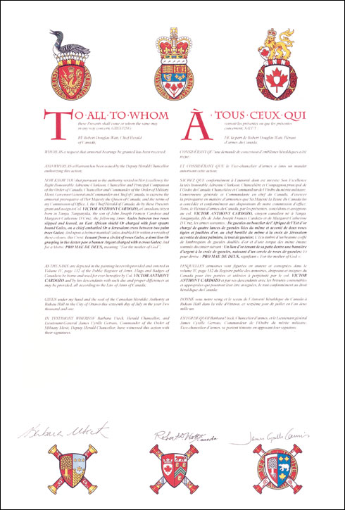 Letters patent granting heraldic emblems to Victor Anthony Cardozo