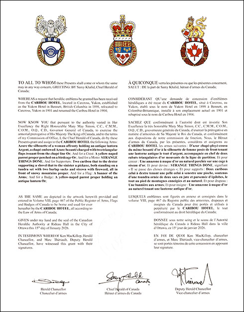 Letters patent granting heraldic emblems to the Caribou Hotel