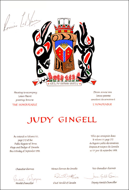 Letters patent granting heraldic emblems to Judy Gingell