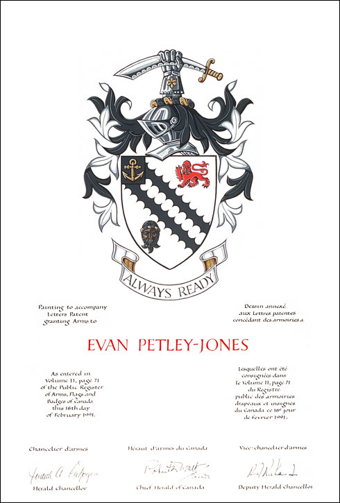 Letters patent granting heraldic emblems to Evan Petley-Jones
