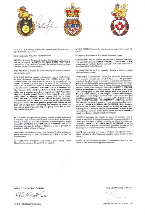 Letters patent granting heraldic emblems to Anthony Wilfred James Whitford