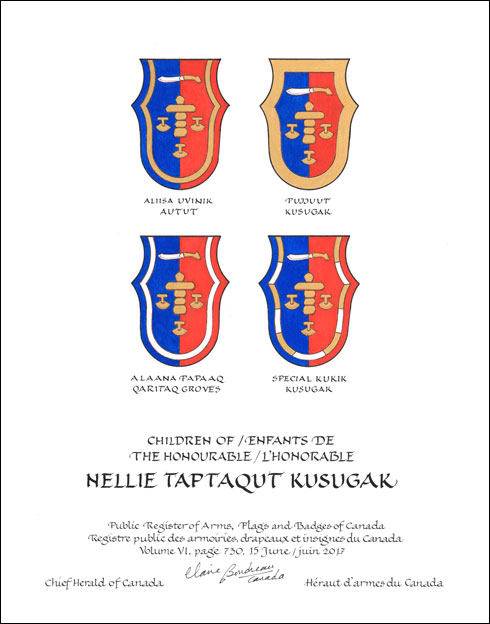 Letters patent granting heraldic emblems to Nellie Taptaqut Kusugak
