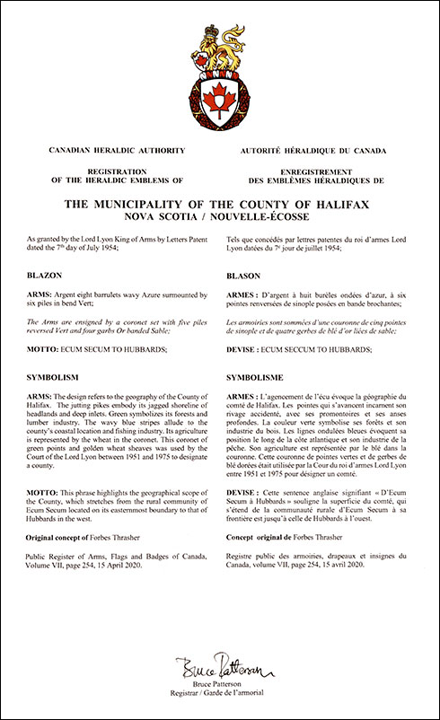 Letters patent registering the heraldic emblems of The Municipality of the County of Halifax