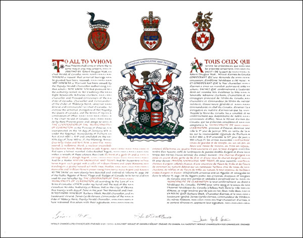 Letters patent granting heraldic emblems to The Corporation of the Municipality of Clarington