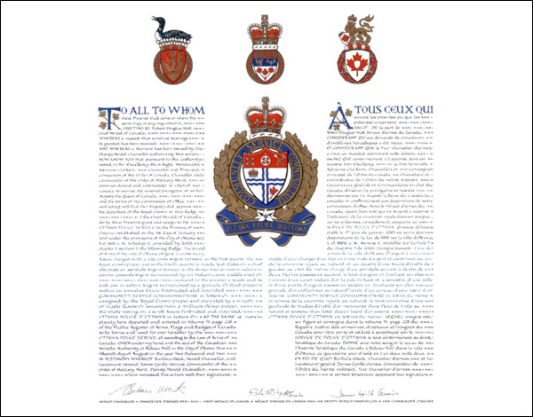 Letters patent granting heraldic emblems to the Ottawa Police Service