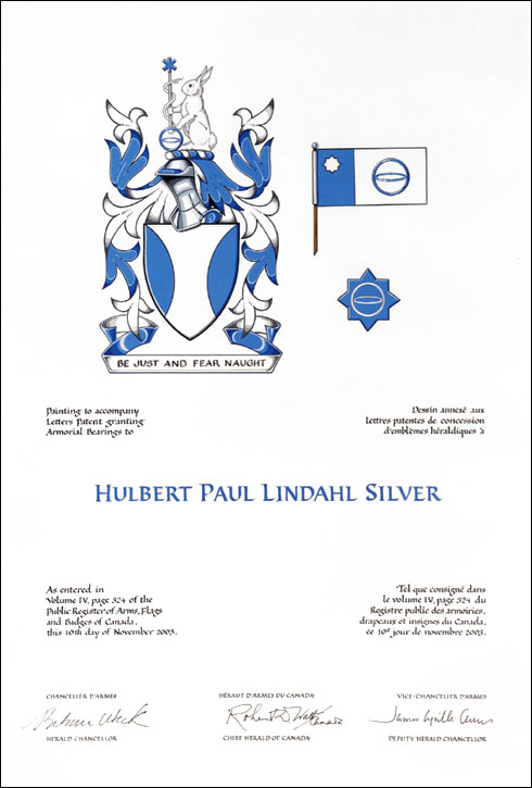 Letters patent granting heraldic emblems to Hulbert Paul Lindahl Silver