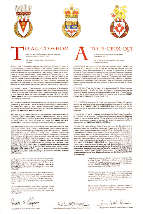 Letters patent granting heraldic emblems to Christ Church Cathedral