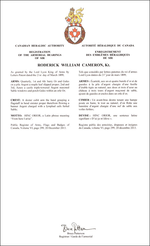 Letters patent registering the heraldic emblems of Roderick William Cameron