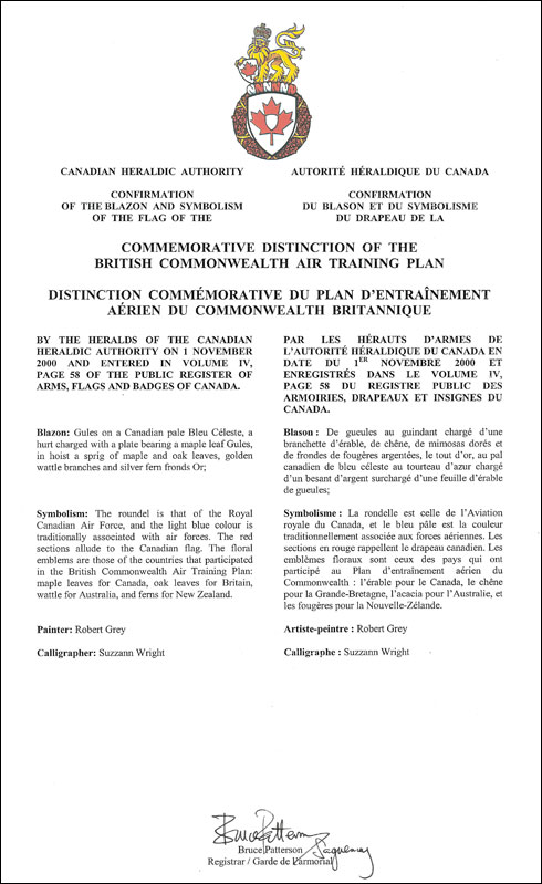 Approval of the Flag of the British Commonwealth Air Training Plan Commemorative Distinction