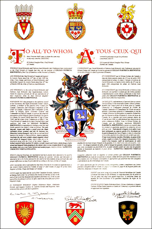 Letters patent granting Armorial Bearing to Gillian Patricia Birtwistle