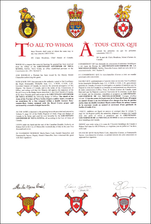 Letters patent granting a Badge of Office to the Lieutenant Governor of Nova Scotia