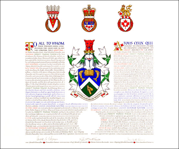 Letters patent granting heraldic emblems to Jarrett Thomas Teague