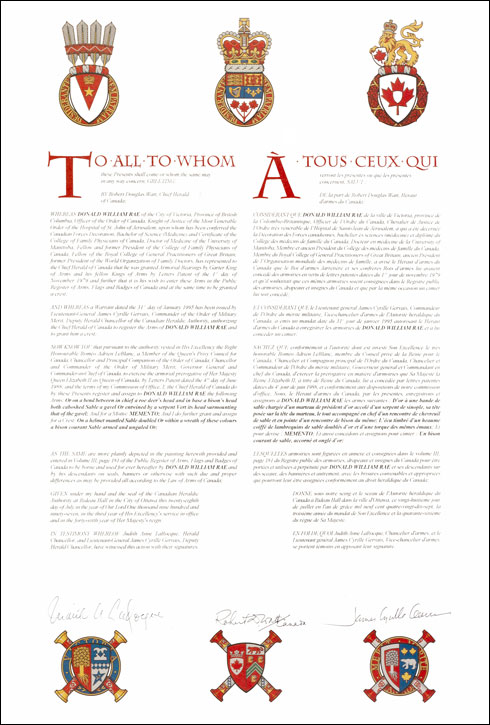 Letters patent registering the heraldic emblems of Donald William Rae