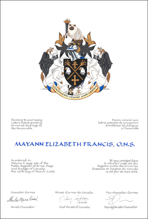 Letters patent granting heraldic emblems to Mayann Elizabeth Francis