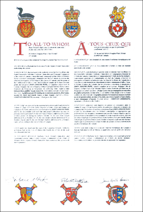 Letters patent granting heraldic emblems to John Joseph Pope