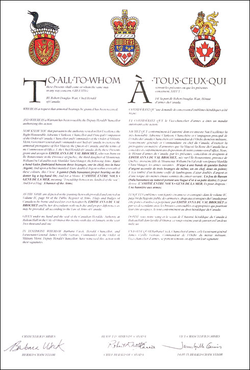Letters patent granting heraldic emblems to Edith Anna Du Val Brochet
