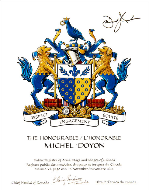 Letters patent granting heraldic emblems to Michel Doyon