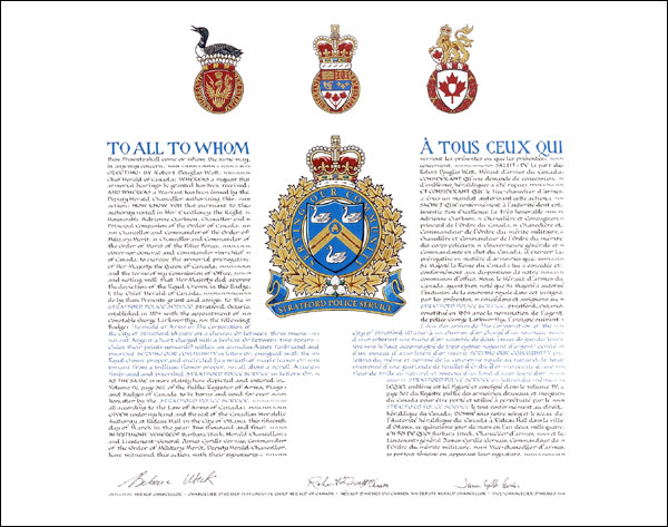 Letters patent granting heraldic emblems to the Stratford Police Service