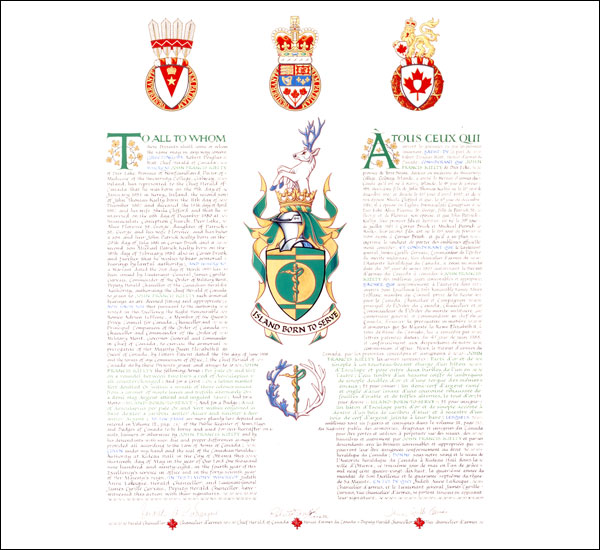 Letters patent granting heraldic emblems to John Francis Kielty
