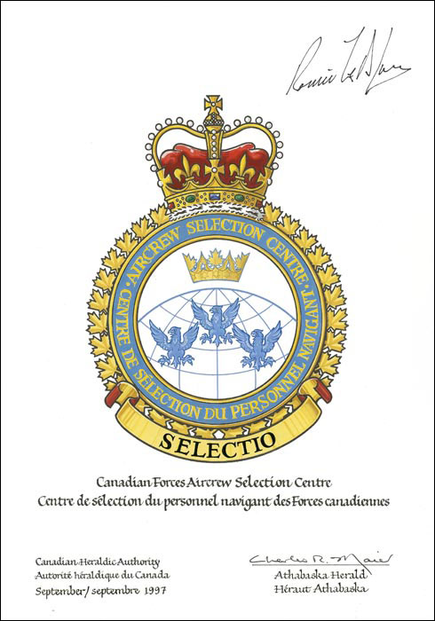 Letters patent approving the Badge of the Canadian Forces Aircrew Selection Centre