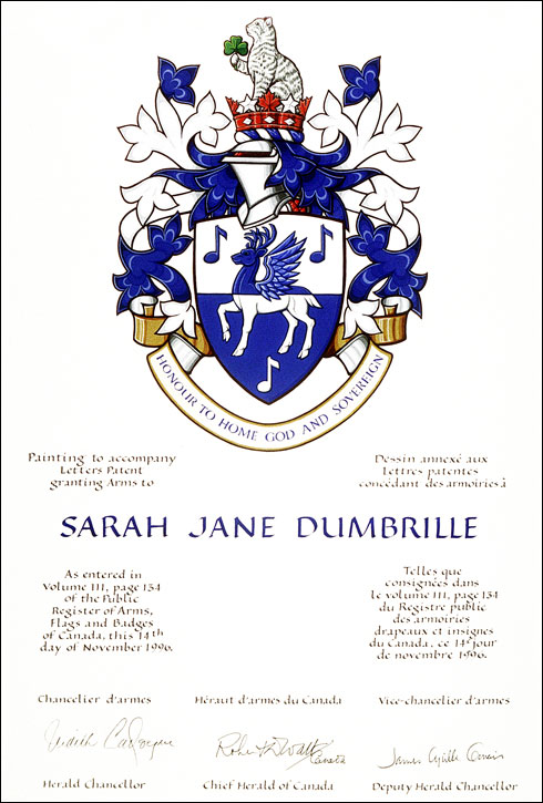 Letters patent granting heraldic emblems to Sarah Jane Dumbrille
