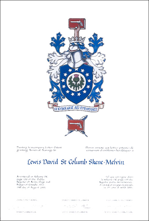 Letters patent granting heraldic emblems to Lewis David St Columb Skene-Melvin