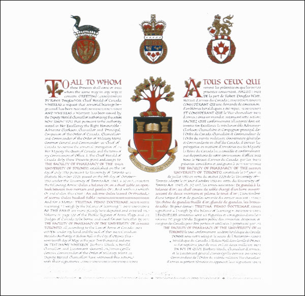 Letters patent granting heraldic emblems to The Faculty of Pharmacy of the University of Toronto