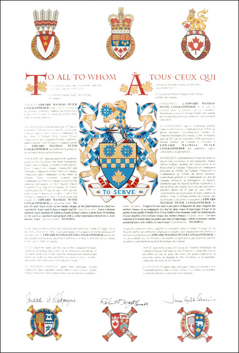 Letters patent granting heraldic emblems to Edward Mathias Peter Langkammerer